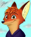  2017 anthro canid canine cheek_tuft clothed clothing disney facial_tuft fan_character fox fur green_eyes head_tuft inner_ear_fluff juantriforce042 mammal orange_body orange_fur red_fox signature smile solo tuft zootopia 
