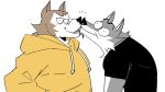  absurd_res anthro ash_(st4rsbucks) biped brown_body brown_fur canid canine canis clothed clothing couple_(disambiguation) dirt_(st4rsbucks) duo fur grey_body grey_fur hi_res kissing male male/male mammal multicolored_body multicolored_fur simple_background smile st4rsbucks standing two_tone_body two_tone_fur wolf 