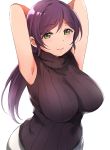  1girl armpits arms_behind_head black_sweater breasts closed_mouth deyuuku eyebrows_visible_through_hair green_eyes large_breasts long_hair looking_at_viewer love_live! love_live!_school_idol_project low_twintails purple_hair ribbed_sweater simple_background sleeveless_sweater smile solo sweater toujou_nozomi turtleneck turtleneck_sweater twintails white_background 