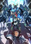  brown_hair clenched_hand dark_skin dragon_fang floating_hair glass_shards gun kananase_yuu mecha ordian pilot_suit platinumhugen_ordian red_eyes robot sakusakusakurai super_robot weapon 