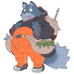  1:1 2013 anthro belly bottomwear bulge canid canine clothing cute_fangs hoodie humanoid_hands kemono kira_nerisu male mammal overweight overweight_male pants simple_background solo topwear white_background 