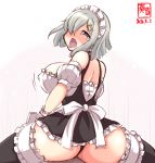  1girl alternate_costume apron artist_logo ass black_dress black_legwear black_panties blue_eyes blush breasts commentary_request dated dress enmaided frilled_apron frilled_dress frilled_legwear frills from_behind hair_ornament hair_over_one_eye hairclip hamakaze_(kantai_collection) highres kanon_(kurogane_knights) kantai_collection large_breasts looking_at_viewer maid maid_headdress nose_blush open_mouth panties saliva short_hair silver_hair simple_background solo tears thong underwear white_apron white_background wrist_cuffs 