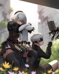 1boy 1girl android black_blindfold black_gloves black_hairband black_legwear black_shorts blindfold blurry blurry_background building cleavage_cutout closed_eyes closed_mouth feather_trim floating flower gloves hair_between_eyes hairband highres jiro_(ninetysix) leaning leaning_forward nier_(series) nier_automata pink_flower plant pod_(nier_automata) puffy_sleeves robot ruins see-through short_hair shorts sitting smile thighhighs white_hair yellow_flower yorha_no._2_type_b yorha_no._9_type_s 