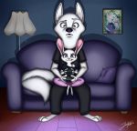  2018 anthro barefoot black_nose canid canine canis clothed clothing controller dipstick_ears duo fully_clothed fur furniture game_controller hi_res holding_object inside juantriforce042 lagomorph lamp leporid mammal multicolored_ears on_lap photo rabbit signature sitting sitting_on_lap sofa tongue tongue_out white_body white_fur wolf 