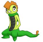  black_body black_scales bottomwear cinna_the_scrafty clothing green_body green_bottomwear green_clothing green_pants half-closed_eyes hands_in_pants head_crest looking_at_viewer male narrowed_eyes nintendo obeythesnarf pants pok&eacute;mon pok&eacute;mon_(species) scales scalie scrafty shiny_pok&eacute;mon simple_background solo video_games white_background 