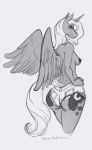  anthro areola bottomwear breasts butt clothing cutie_mark cutoffs daisy_dukes denim denim_clothing equid friendship_is_magic hi_res horn hotpants looking_at_viewer looking_back mammal monochrome my_little_pony nipples phathusa princess_luna_(mlp) shorts solo winged_unicorn wings 