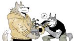  absurd_res anthro ash_(st4rsbucks) brass_instrument brown_body brown_fur canid canine canis couple_(disambiguation) dirt_(st4rsbucks) duo fur grey_body grey_fur hi_res looking_at_another looking_at_partner male male/male mammal multicolored_body multicolored_fur musical_instrument notes plant playing_music potted_plant simple_background speech_bubble st4rsbucks trumpet two_tone_body two_tone_fur wind_instrument wolf 