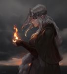  1girl bandaged_arm bandages belt black_cloak cloak cloud cloudy_sky dark_souls_iii fire fire_keeper grey_hair holding jiro_(ninetysix) long_hair maiden_in_black outdoors parted_lips red_lips sky solo souls_(from_software) standing sunset teeth 