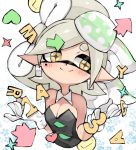  +_+ 1girl bangs black_dress blush breasts cleavage commentary cropped_torso detached_collar domino_mask dress earrings emblem food food_on_head gloves gradient_hair green_hair grey_hair head_tilt highres hotaru_(splatoon) jewelry letter looking_at_viewer mask medium_breasts medium_hair mole mole_under_eye multicolored_hair number object_on_head pointy_ears smile solo splatoon_(series) squid strapless strapless_dress sukeo_(nunswa08) swept_bangs tentacle_hair tied_hair upper_body white_gloves wing_collar 