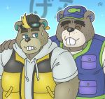  2020 animal_crossing anthro beaver c.j._(animal_crossing) chip_(animal_crossing) clothing duo eyes_closed goyemon_k hat headgear headwear hoodie humanoid_hands japanese_text kemono male mammal nintendo overweight overweight_male rodent text topwear video_games 