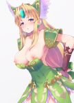  1girl :o bangs bare_shoulders blush breast_slip breasts breasts_outside brown_gloves collarbone covered_navel cowboy_shot dress earrings elbow_gloves empty_eyes fingerless_gloves forehead_jewel frilled_dress frills gloves green_dress green_ribbon hair_ornament hair_ribbon highres hone_kawa jewelry leaning_forward long_hair looking_at_viewer low-tied_long_hair medium_breasts nipples parted_bangs parted_lips purple_eyes ribbon riesz seiken_densetsu seiken_densetsu_3 shoulder_armor sidelocks simple_background solo strapless strapless_dress very_long_hair white_background 