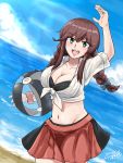  1girl ball bangs beach beachball bikini bikini_top black_bikini blue_sky braid breasts brown_hair cleavage cloud commentary_request cowboy_shot day green_eyes highres horizon kaminashi_yamato kantai_collection large_breasts long_hair long_sleeves looking_at_viewer noshiro_(kantai_collection) outdoors red_skirt shirt signature skirt sky sleeves_rolled_up solo swept_bangs swimsuit tied_shirt twin_braids waving white_shirt 