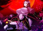  1girl ass black_gloves bodysuit bracer breasts crying crying_with_eyes_open fate/grand_order fate_(series) fingerless_gloves flower full_moon gloves highres holding holding_sword holding_weapon katana large_breasts looking_at_viewer mahou_shoujo_madoka_magica minamoto_no_raikou_(fate/grand_order) moon namida_boshi petals puffy_sleeves smile solo squatting sword tears weapon 