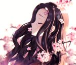  1girl bangs black_hair blurry blurry_background blurry_foreground cherry_blossoms closed_eyes commentary crying depth_of_field flower hair_ribbon japanese_clothes kamado_nezuko kimetsu_no_yaiba kimono long_hair natsumii_chan open_clothes parted_bangs pink_flower pink_kimono pink_ribbon profile ribbon solo tears tree_branch upper_body white_background 