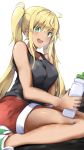  1girl absurdres black_tank_top blonde_hair breasts dark_skin dumbbell_nan_kilo_moteru? eyebrows_visible_through_hair fang green_eyes green_footwear gyaru highres long_hair looking_at_viewer marie_(pixiv31942978) open_mouth red_shorts sakura_hibiki shoes shorts simple_background solo sweat tank_top twintails white_background 