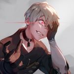  1boy black_choker black_gloves choker clenched_teeth gloves grey_background grey_hair hand_on_own_face jiro_(ninetysix) lens_flare male_focus nier_(series) nier_automata red_eyes solo tearing_up teeth torn_clothes upper_body yorha_no._9_type_s 