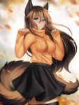  1girl animal_ears autumn autumn_leaves black_skirt blue_eyes blurry blurry_background breasts brown_hair dot_nose eyebrows_visible_through_hair gigamessy hair_between_eyes long_hair long_sleeves looking_at_viewer original paw_pose sidelocks simple_background skirt sleeves_past_wrists smile solo standing sweater tail thighhighs turtleneck turtleneck_sweater twisted_torso wind zettai_ryouiki 
