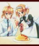  1boy 1girl apron black_dress blonde_hair blue_eyes blush bottle bow cellphone collar commentary dress dress_shirt food food_writing frilled_collar frills haine_koko hair_bow hair_ornament hairclip hand_on_own_chest heart holding holding_bottle holding_phone kagamine_len kagamine_rin ketchup_bottle leaning_forward maid maid_apron maid_dress maid_headdress necktie omurice open_mouth phone plate recording shirt short_hair short_ponytail smartphone smile spiked_hair squeezing standing twintails upper_body v-shaped_eyebrows vocaloid white_bow white_shirt 