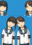  2girls bangs black_eyes black_hair blue_background blue_neckwear blue_sailor_collar blue_skirt brown_eyes brown_hair collared_shirt cowboy_shot fubuki_(kantai_collection) head_tilt hotaryuso kantai_collection leaning_to_the_side long_hair looking_at_viewer low_ponytail low_twintails multiple_girls neckerchief parted_bangs pleated_skirt ponytail sailor_collar school_uniform serafuku shirayuki_(kantai_collection) shirt short_hair short_ponytail short_twintails sidelocks skirt smile twintails upper_body 