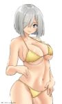 1girl bikini blue_eyes breasts character_name collarbone contrapposto cowboy_shot dated eyes_visible_through_hair hair_ornament hair_over_one_eye hairclip hamakaze_(kantai_collection) highres kantai_collection large_breasts looking_at_viewer short_hair silver_hair simple_background smile solo swimsuit timato twitter_username white_background yellow_bikini 