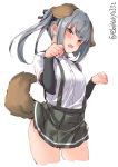  1girl animal_ears arm_warmers black_ribbon blush brown_footwear buttons clenched_hands cropped_legs dog_ears dog_tail ebifurya eyebrows_visible_through_hair grey_hair grey_skirt hair_ribbon highres kantai_collection kasumi_(kantai_collection) long_hair open_mouth paw_pose pleated_skirt ribbon shirt short_sleeves side_ponytail simple_background skirt solo suspender_skirt suspenders tail twitter_username white_background white_shirt 