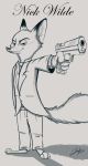  2018 anthro barefoot canid canine clothed clothing disney fox fully_clothed fur grey_background hi_res holding_gun holding_object holding_weapon juantriforce042 male mammal nick_wilde pose red_fox shadow signature simple_background smile solo standing suit weapon zootopia 