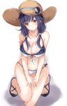  1girl ahoge bikini breasts cleavage front-tie_top hair_flaps hair_ornament hat highres kantai_collection large_breasts long_hair looking_at_viewer low_twintails purple_hair red_eyes sa-ya2 sandals simple_background solo squatting sun_hat swimsuit taigei_(kantai_collection) twintails whale_hair_ornament white_background white_bikini 