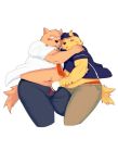  2011 anthro belly blush bottomwear bulge canid canine canis clothed clothing domestic_dog duo hat headgear headwear hug iwano kemono male male/male mammal navel necktie open_shirt overweight overweight_male pants shirt simple_background topwear white_background 