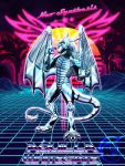  3:4 80&#039;s_theme accipitrid accipitriform anthro aquilla aquilla-whingate avian badge bird cyberpunk dragon eagle feathers fluffpunk font grid hair hi_res hill joints machine male metal nanobots outrun palm_trees retrowave robot solo star sun synthesis synthwave text tree wings 