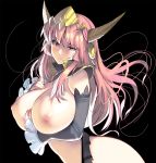  1girl bangs black_background breasts detached_collar detached_sleeves eyebrows_visible_through_hair hand_on_own_chest head_tilt headdress highres horns large_breasts long_hair looking_at_viewer masao nipples orange_eyes original pink_hair solo 