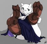  3_toes alpha_channel anthro blush bodily_fluids clothing curved_horn curvy_figure cute_fangs dressing female foot_focus garter_straps hi_res horn legs_up legwear nylons open_mouth putting_on_socks robe soles solo stockings stormdragonblue thick_thighs toes toriel undertale video_games white_body wrinkles 