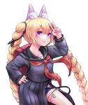  1girl absurdres alternate_costume animal_ear_fluff animal_ears backpack bag blonde_hair braid chuo8008 commentary_request girls_frontline hand_on_hip highres long_hair long_sleeves looking_at_viewer neckerchief parted_lips pleated_skirt purple_eyes randoseru red_neckwear sailor_collar school_uniform serafuku simple_background skirt solo sr-3mp_(girls_frontline) twin_braids twintails v very_long_hair white_background 