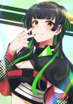  1girl absurdres bangs black_cape black_hair cape cleavage_cutout crop_top detached_sleeves green_hair green_nails highres huge_filesize idolmaster idolmaster_shiny_colors long_hair looking_at_viewer mayuzumi_fuyuko multicolored_hair nail_polish rurika_seijin smile solo two-tone_hair two_side_up upper_body yellow_eyes 