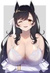  1girl animal_ears atago_(azur_lane) azur_lane bangs black_hair blush bra breast_hold breasts cleavage collarbone commentary crossed_arms eyebrows_visible_through_hair eyelashes gloves grey_background hair_between_eyes hair_ribbon lace lace-trimmed_bra large_breasts lips long_hair long_sleeves looking_at_viewer military military_uniform mole mole_under_eye mon0351 one_eye_closed open_mouth parted_bangs ribbon sagging_breasts shirt shirt_pull simple_background smile solo swept_bangs underwear uniform upper_body white_background white_bra white_gloves white_ribbon white_shirt yellow_eyes 