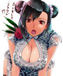  1girl alternate_costume alternate_hairstyle black_hair breasts brown_eyes china_dress chinese_clothes cleavage_cutout corsage double_bun dress final_fantasy final_fantasy_vii final_fantasy_vii_remake highres large_breasts leaning_forward looking_at_viewer open_mouth simple_background solo suuitchi tifa_lockhart translation_request 