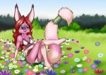  anthro biped bra breasts canid chest_tuft clothing female flower fluffy fluffy_tail foxyverse fur hair hi_res long_hair long_tail mammal mancoin nature panties pink_body pink_fur plant purple_eyes red_hair signature silveta_(foxyverse) small_breasts smile solo tail_ring tuft underwear 