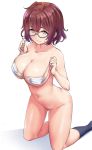  1girl ankle_socks bare_shoulders blush breasts brown_hair collarbone eyebrows_visible_through_hair glasses highres kanabun large_breasts looking_at_viewer mask mouth_mask navel nude original short_hair smile socks solo surgical_mask 