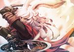  1girl animal_ears armor bangs bunny_ears chakram cloak dancer_(final_fantasy) final_fantasy final_fantasy_xiv gauntlets highres long_hair looking_at_viewer lyna_(ff14) mihira_(tainosugatayaki) silver_eyes solo viera weapon white_hair 