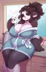  2020 anthro big_breasts black_hair breasts cleavage clothed clothing dialogue digital_media_(artwork) english_text eyes_closed female giant_panda hair holding_cup holding_object mammal nipple_outline petal_(kilinah) robe secretly_saucy signature slightly_chubby solo text thick_thighs ursid wide_hips 