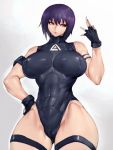  1girl abs bare_shoulders black_legwear blush breasts covered_abs covered_navel fingerless_gloves fumio_(rsqkr) ghost_in_the_shell ghost_in_the_shell:_sac_2045 gloves gradient gradient_background grey_background hand_on_hip highres kusanagi_motoko large_breasts lips purple_hair red_eyes short_hair solo thick_thighs thighhighs thighs toned white_background 