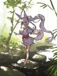  1girl :d animal_ear_fluff animal_ears bangs barefoot commentary_request day flower fox_ears fox_girl fox_tail full_body grey_hair japanese_clothes kimono long_hair looking_away obi open_mouth original outdoors outstretched_arms pink_flower ponytail red_flower river sash short_sleeves smile solo standing standing_on_one_leg tail tree very_long_hair water white_kimono wide_sleeves yellow_flower yuuji_(yukimimi) 