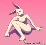  aikaanarchy anthro beastars big_breasts breasts featureless_breasts feet female fur haru_(beastars) hi_res humanoid_feet humanoid_hands lagomorph leporid long_ears looking_at_viewer mammal nude pink_background rabbit simple_background sitting solo white_body white_fur 