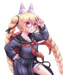  1girl absurdres alternate_costume animal_ear_fluff animal_ears backpack bag bespectacled blonde_hair braid chuo8008 commentary_request girls_frontline glasses hand_on_hip highres long_hair long_sleeves looking_at_viewer neckerchief parted_lips pleated_skirt purple_eyes randoseru red-framed_eyewear red_neckwear sailor_collar school_uniform serafuku simple_background skirt solo sr-3mp_(girls_frontline) twin_braids twintails v very_long_hair white_background 