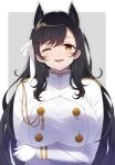  1girl animal_ears atago_(azur_lane) azur_lane bangs black_hair blush breast_hold breasts commentary crossed_arms double-breasted eyebrows_visible_through_hair eyelashes gloves grey_background hair_between_eyes hair_ribbon large_breasts lips long_hair long_sleeves looking_at_viewer military military_uniform mole mole_under_eye mon0351 one_eye_closed open_mouth parted_bangs ribbon shirt simple_background smile solo swept_bangs uniform upper_body white_background white_gloves white_ribbon white_shirt yellow_eyes 