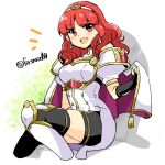  /\/\/\ 1girl armor bangs black_gloves black_legwear blush boots breasts capelet celica_(fire_emblem) commentary cowboy_shot double-breasted dress earrings elbow_gloves eyebrows_visible_through_hair fingerless_gloves fire_emblem fire_emblem_echoes:_shadows_of_valentia gloves jewelry knee_boots knee_guards looking_at_viewer medium_breasts medium_hair open_mouth parted_bangs red_eyes red_hair simple_background sitting smile solo thighhighs thighhighs_under_boots thighs tiara twitter_username white_background white_capelet white_dress white_footwear white_legwear yukia_(firstaid0) 