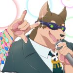  1:1 5_fingers anthro canid canine canis clothed clothing dobermann domestic_dog eyewear fingers gow_gow_beast hand_gesture holding_microphone holding_object looking_at_viewer male mammal microphone necktie notched_ear pink_tongue pinscher solo tokyo_afterschool_summoners tongue topwear video_games xolotl 