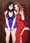  2girls aerith_gainsborough afrobull arm_around_shoulder bare_shoulders black_hair blush bow bowtie breasts brown_eyes brown_hair cleavage crescent crescent_earrings curvy dress dress_tug earrings final_fantasy final_fantasy_vii final_fantasy_vii_remake green_eyes hair_ribbon high_heels highres jewelry leg_up long_hair multiple_girls necklace ribbon sleeveless smile star star_necklace tifa_lockhart 