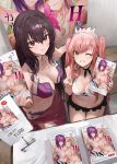  2girls bangs bare_shoulders bikini blush book bracelet breasts cleavage collarbone fate/grand_order fate_(series) flower grin hair_flower hair_intakes hair_ornament hibiscus highres jewelry large_breasts long_hair looking_at_viewer manga_(object) medb_(fate)_(all) medb_(swimsuit_saber)_(fate) mossi multiple_girls one_eye_closed pink_bikini pink_hair pornography purple_bikini purple_hair red_eyes sage_joh scathach_(fate)_(all) scathach_(swimsuit_assassin)_(fate) sitting smile swimsuit table tiara twintails v white_bikini yellow_eyes 