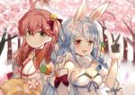  2girls :d ahoge animal_ear_fluff animal_ears bangs bell black_gloves blue_hair blush bow braid breasts bunny_ears carrot_hair_ornament cleavage closed_mouth commentary_request dress eyebrows_visible_through_hair flower food_themed_hair_ornament fur-trimmed_gloves fur_trim gloves green_eyes hair_bell hair_between_eyes hair_bow hair_ornament hand_up hololive japanese_clothes jingle_bell kimono long_hair lunacats medium_breasts miko multicolored_hair multiple_girls one_side_up open_mouth petals pink_flower red_bow red_eyes red_hair round_teeth sakura_miko short_eyebrows smile strapless strapless_dress teeth thick_eyebrows tree twin_braids two-tone_hair upper_body upper_teeth usada_pekora v virtual_youtuber white_dress white_hair white_kimono 