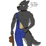 1:1 absurd_res anthro canid canine canis clothed clothing cowboy_hat displeased draws_reid_(artist) english_text hat headgear headwear hi_res jackson_(just_a_gentleman) looking_at_viewer male mammal overalls partially_clothed solo text were werecanid werecanine werewolf wolf 